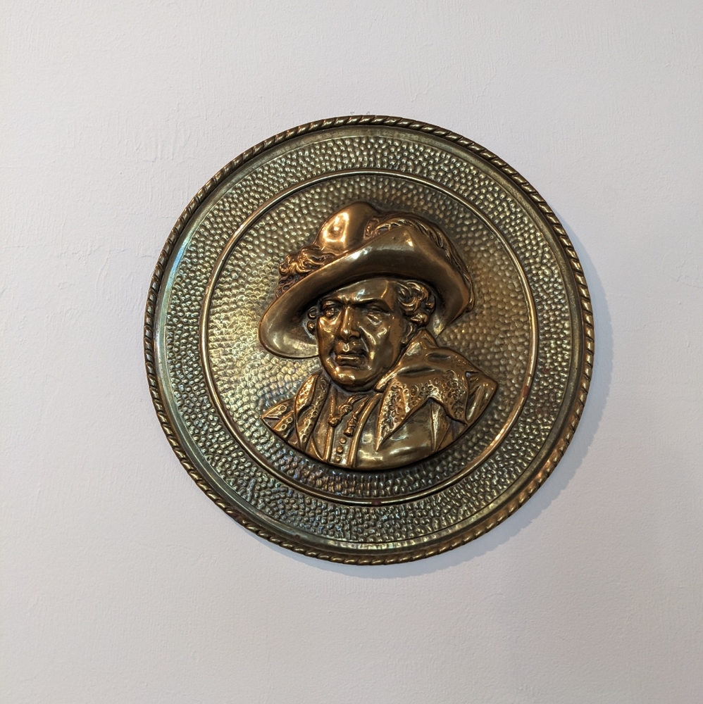 VINTAGE LOMBARD ENGLAND BRASS WALL HANGING PLAQUES Set Of 2 Lady & Man.